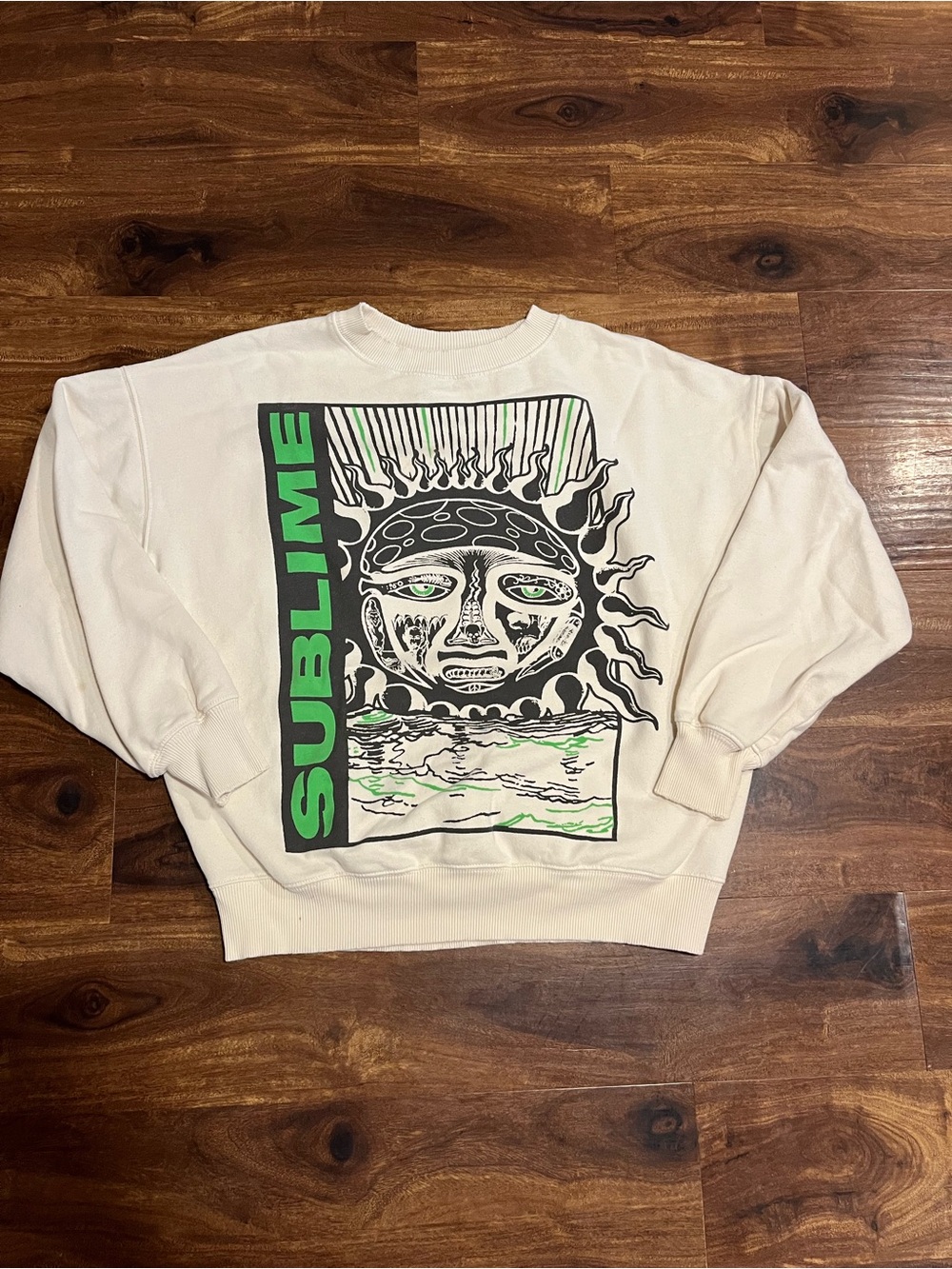 American Eagle Outfitters Cream Graphic Crewneck with Green Accents